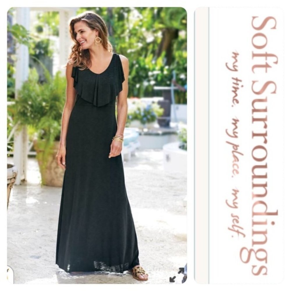 Soft Surroundings Roxanna Jersey Knit Ruffle Maxi Tank Dress Black-MP